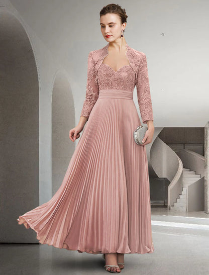 wholesale  Two Piece A-Line Mother of the Bride Dress Church Elegant Sweetheart Floor Length Chiffon Lace Long Sleeve Wrap Included with Pleats Appliques