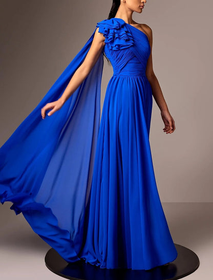 Wholesa A-Line Evening Gown Elegant Dress Formal Floor Length Sleeveless One Shoulder Chiffon with Pleats Ruched Shouder Flower