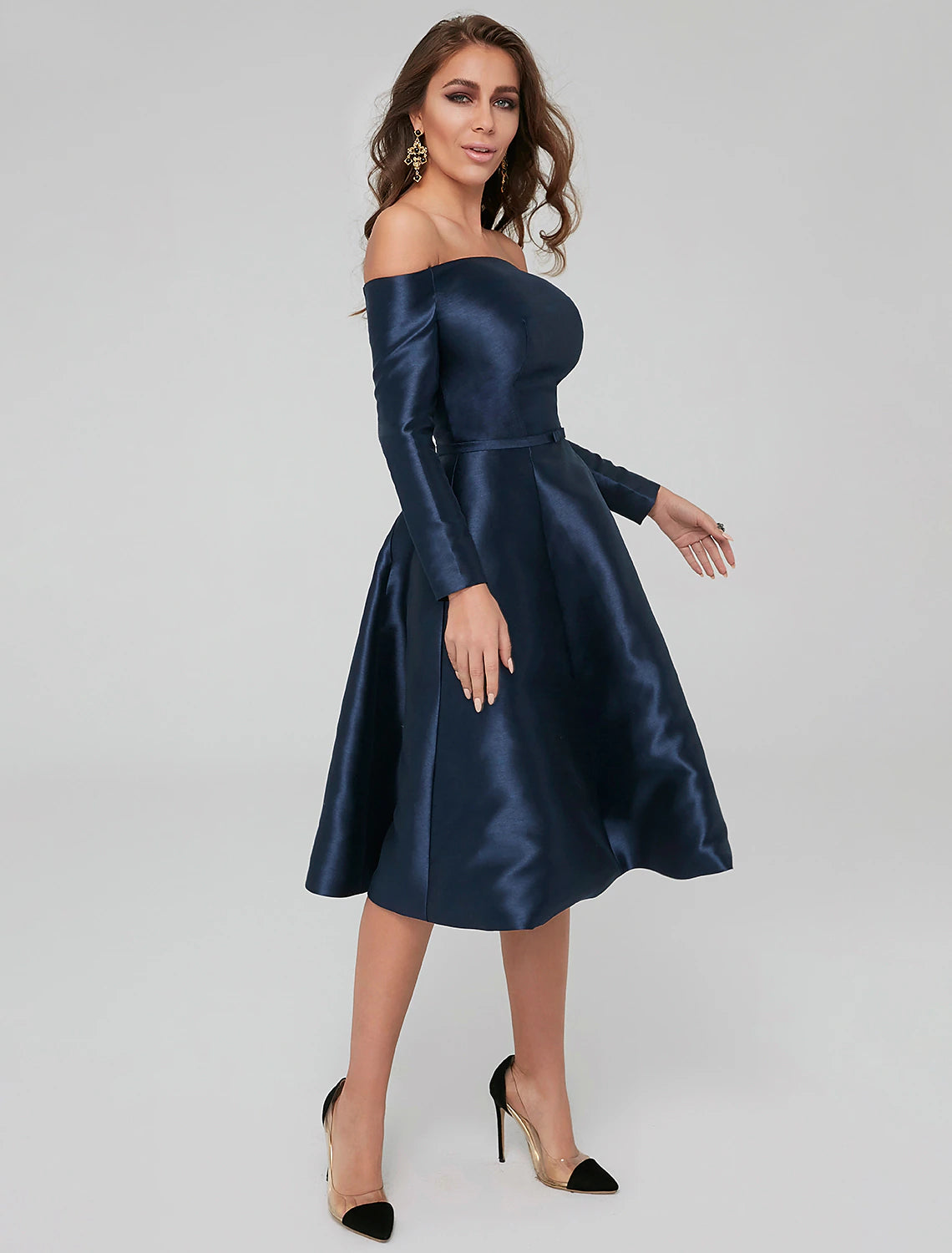 Wholesa  A-Line Special Occasion Dresses Party Dress Wedding Guest Cocktail Party Knee Length Long Sleeve Off Shoulder Satin with Pleats