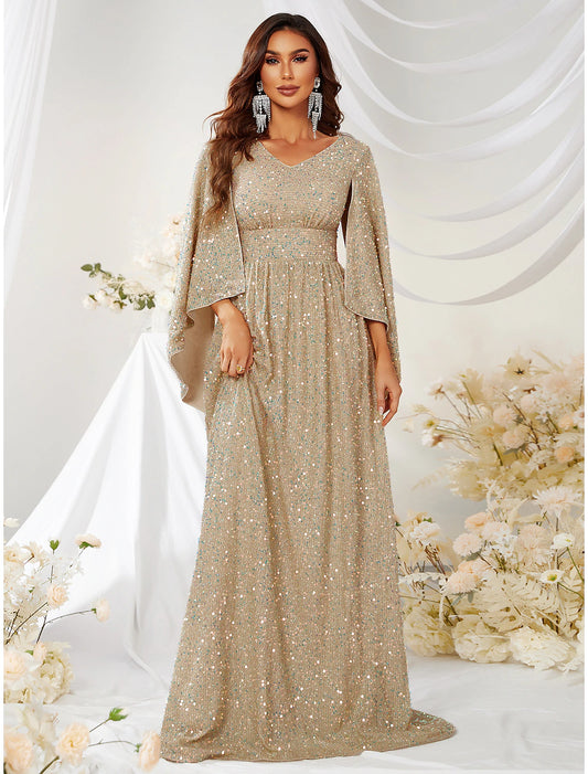 Wholesa A-Line Evening Gown Sparkle & Shine Dress Formal Wedding Sweep / Brush Train Long Sleeve V Neck Capes Polyester with Sequin