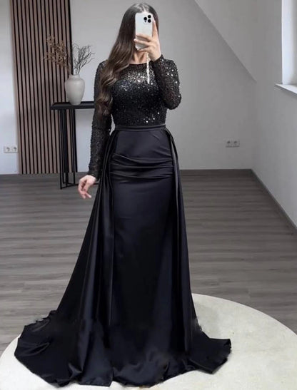 Wholesa Mermaid Sequin Evening Gown Ruched Satin Dress Long Sleeves Floor Length Sparkle Illusion Neck Prom Wedding Guest Dress with Pearls Overskirt