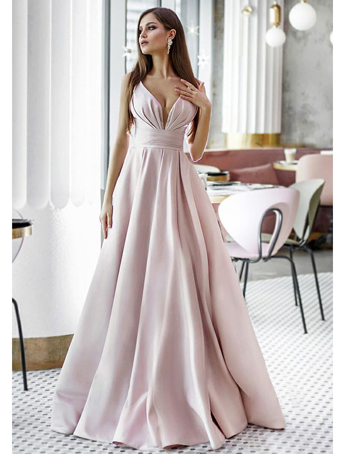 Wholesale A-Line Elegant Engagement Formal Evening Dress V Neck Sleeveless Sweep / Brush Train Satin with Pleats