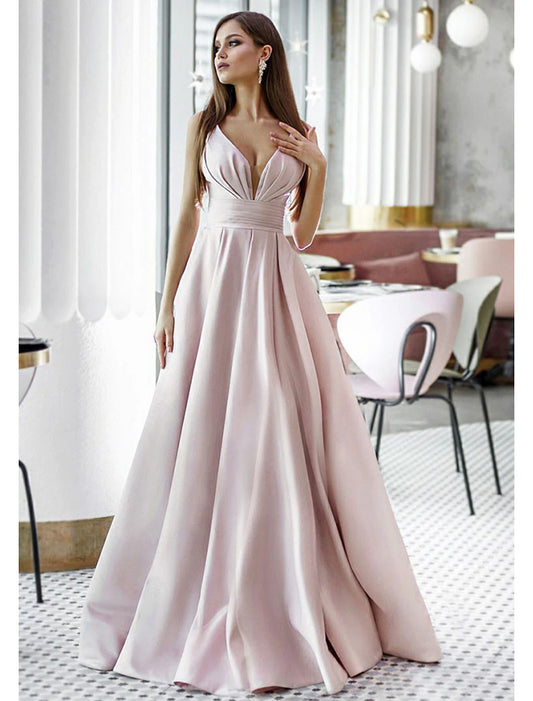 Wholesa A-Line Elegant Engagement Formal Evening Dress V Neck Sleeveless Sweep / Brush Train Satin with Pleats