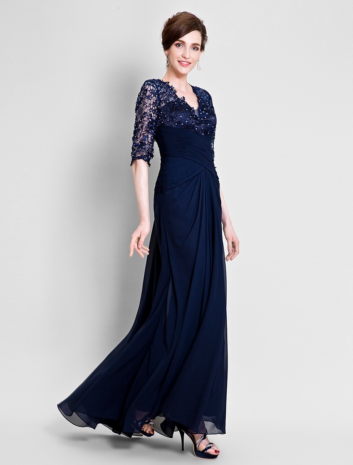 wholesale A-Line Mother of the Bride Dress See Through V Neck Floor Length Chiffon Lace Half Sleeve No with Lace Beading