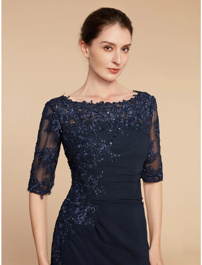 Wholesa  Sheath / Column Mother of the Bride Dress Wedding Guest Elegant Scoop Neck Ankle Length Chiffon Lace Half Sleeve with Sequin Ruching Solid Color