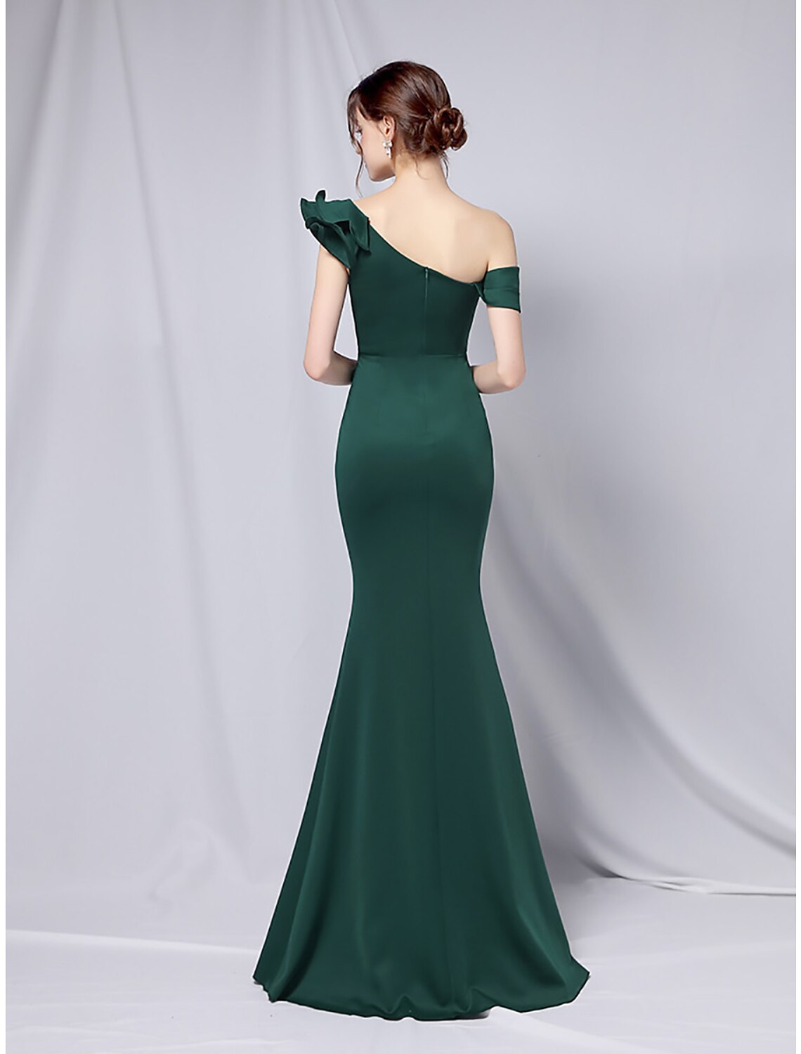 Wholesa Mermaid Party Dress Evening Gown Empire Dress Wedding Guest Formal Evening Floor Length Short Sleeve One Shoulder Stretch Satin with Ruffles