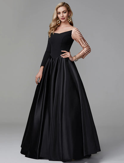 Wholesa Ball Gown Black Dress Vintage Quinceanera Formal Evening Floor Length Long Sleeve Off Shoulder Satin with Sequin