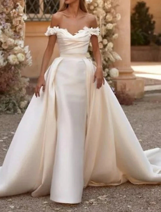 Wholesa Engagement Formal Wedding Dresses Sheath / Column Off Shoulder Cap Sleeve Court Train Satin Bridal Gowns With Ruched Solid Color