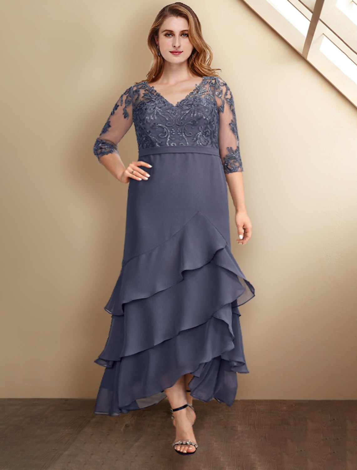 wholesale  A-Line Mother of the Bride Dresses Plus Size Hide Belly Curve Elegant Dress Formal Ankle Length Half Sleeve V Neck Chiffon with Ruffles Appliques