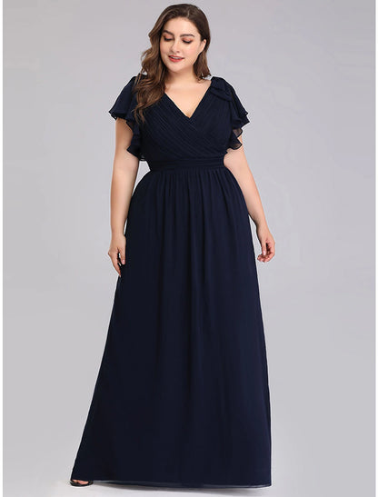 wholesale  A-Line Mother of the Bride Dress Plus Size V Neck Floor Length Chiffon Short Sleeve with Ruffles Ruching