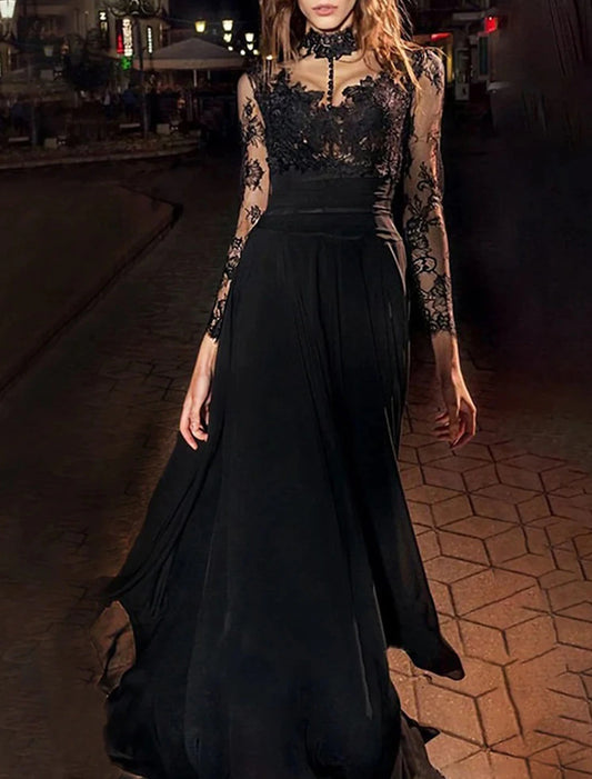 Wholesa A-Line Evening Gown Vintage Dress Masquerade Floor Length Long Sleeve High Neck Black Dress Chiffon with Appliques