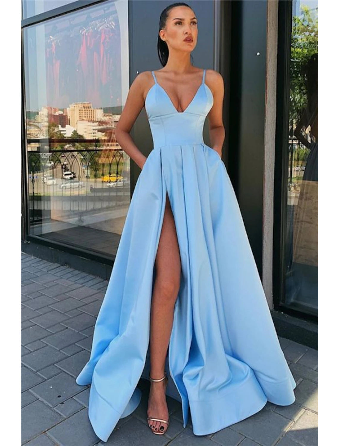 Wholesale A-Line Black Prom Dress High Split Evening Dress Formal Birthday Summer Dress Spaghetti Strap Sleeveless Sweep / Brush Train Satin with Pleats Split Front