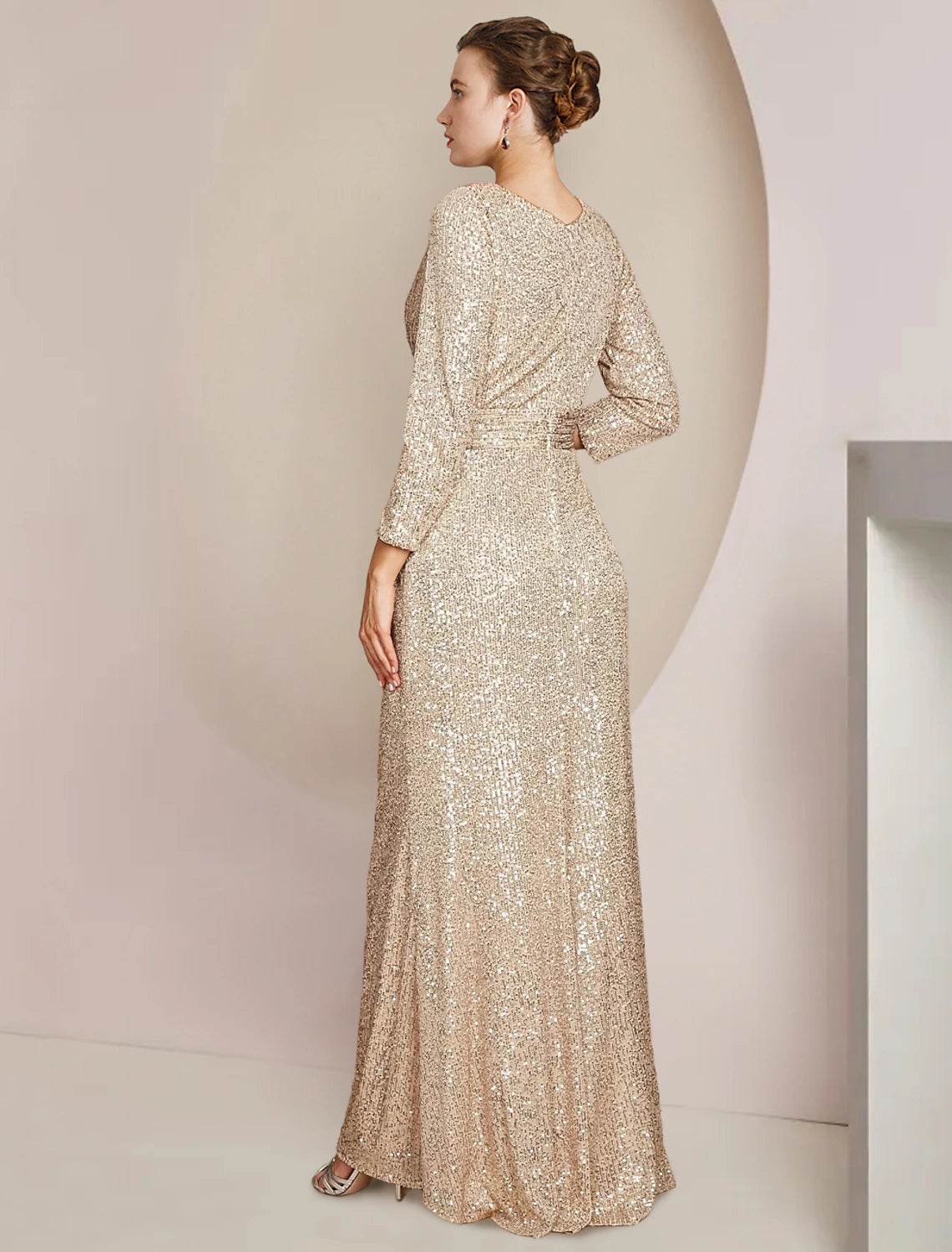 wholesale Sheath / Column Mother of the Bride Dress Formal Wedding Guest Sparkle & Shine Elegant V Neck Floor Length Sequined 3/4 Length Sleeve with Split Front