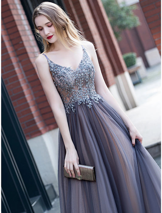 Wholesale A-Line Minimalist Elegant Party Wear Prom Dress V Neck Sleeveless Floor Length Tulle with Pleats Appliques