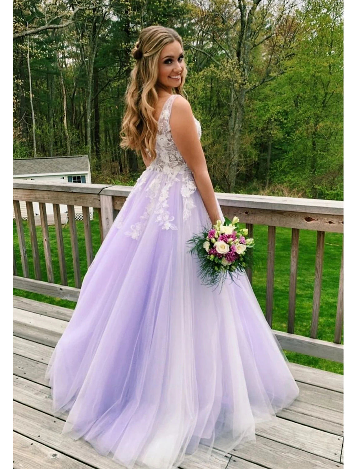 Wholesale Ball Gown A-Line Prom Dresses Color Block Dress Formal Floor Length Sleeveless V Neck Tulle Backless V Back with Beading Appliques