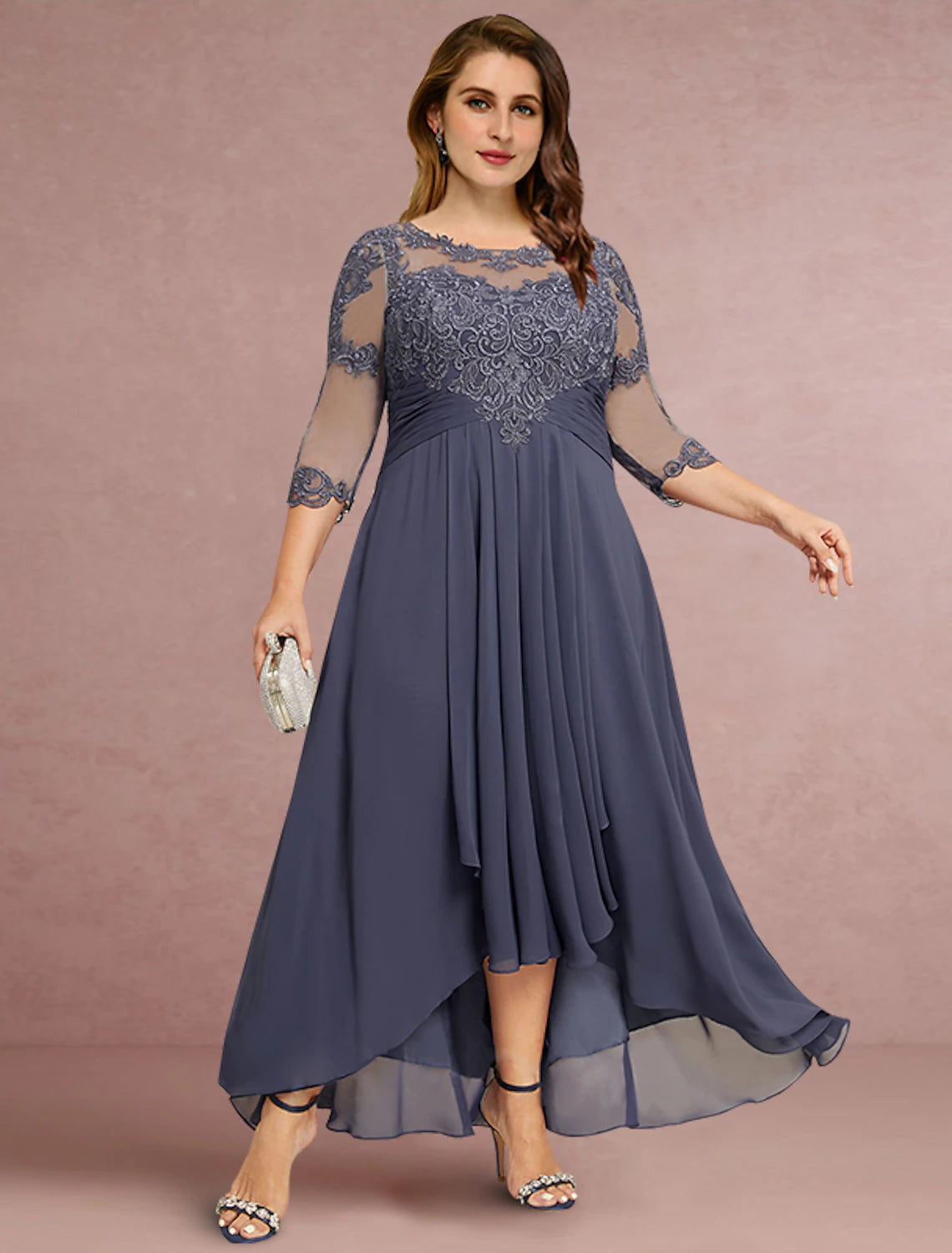 Wholesa Sheath / Column Mother of the Bride Dress Wedding Guest Elegant Jewel Neck Asymmetrical Chiffon Lace 3/4 Length Sleeve with Pleats Solid Color