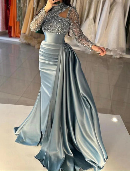 Wholesa Mermaid / Trumpet Evening Gown Elegant Dress Formal Sweep / Brush Train Long Sleeve High Neck Satin with Pearls Sequin