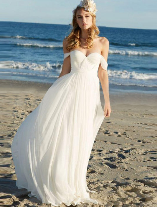 Wholesale Beach Sexy Boho Wedding Dresses A-Line Off Shoulder Cap Sleeve Floor Length Chiffon Bridal Gowns With Pleats Solid Color Summer Wedding Party