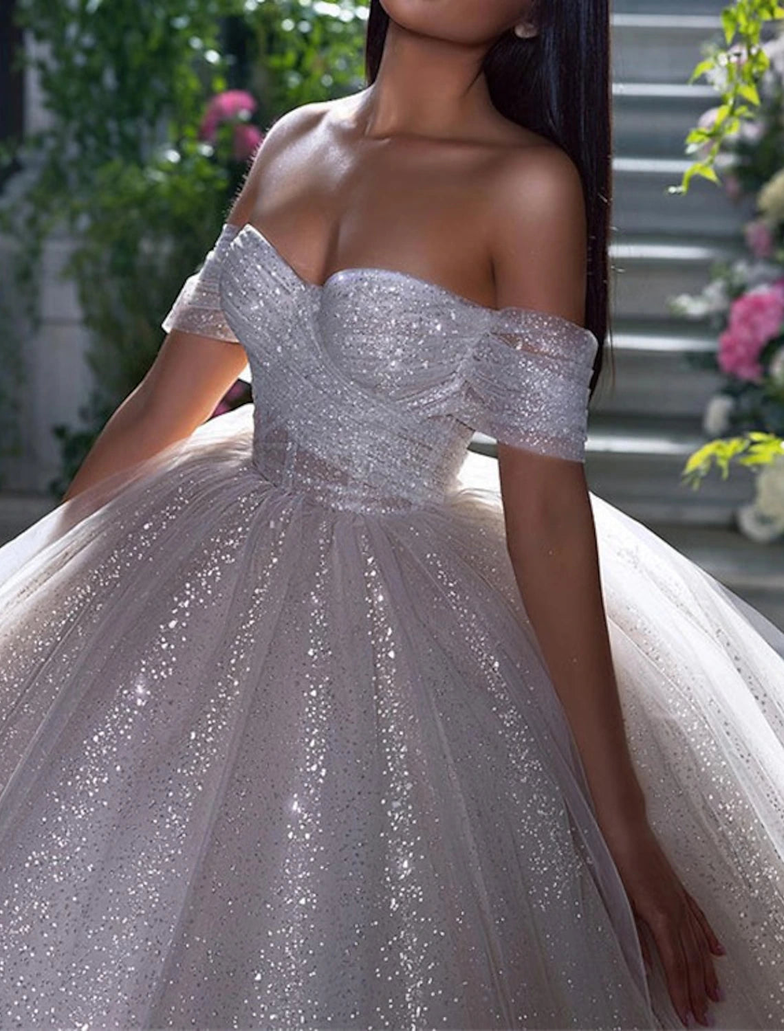 Wholesa Engagement Sparkle & Shine Formal Wedding Dresses Ball Gown Off Shoulder Cap Sleeve Chapel Train Sequined Bridal Gowns With Solid Color