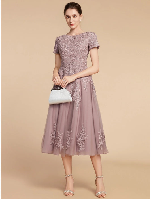 Wholesa  A-Line Mother of the Bride Dress Wedding Guest Elegant Petite Jewel Neck Tea Length Lace Tulle Short Sleeve with Ruching Flower