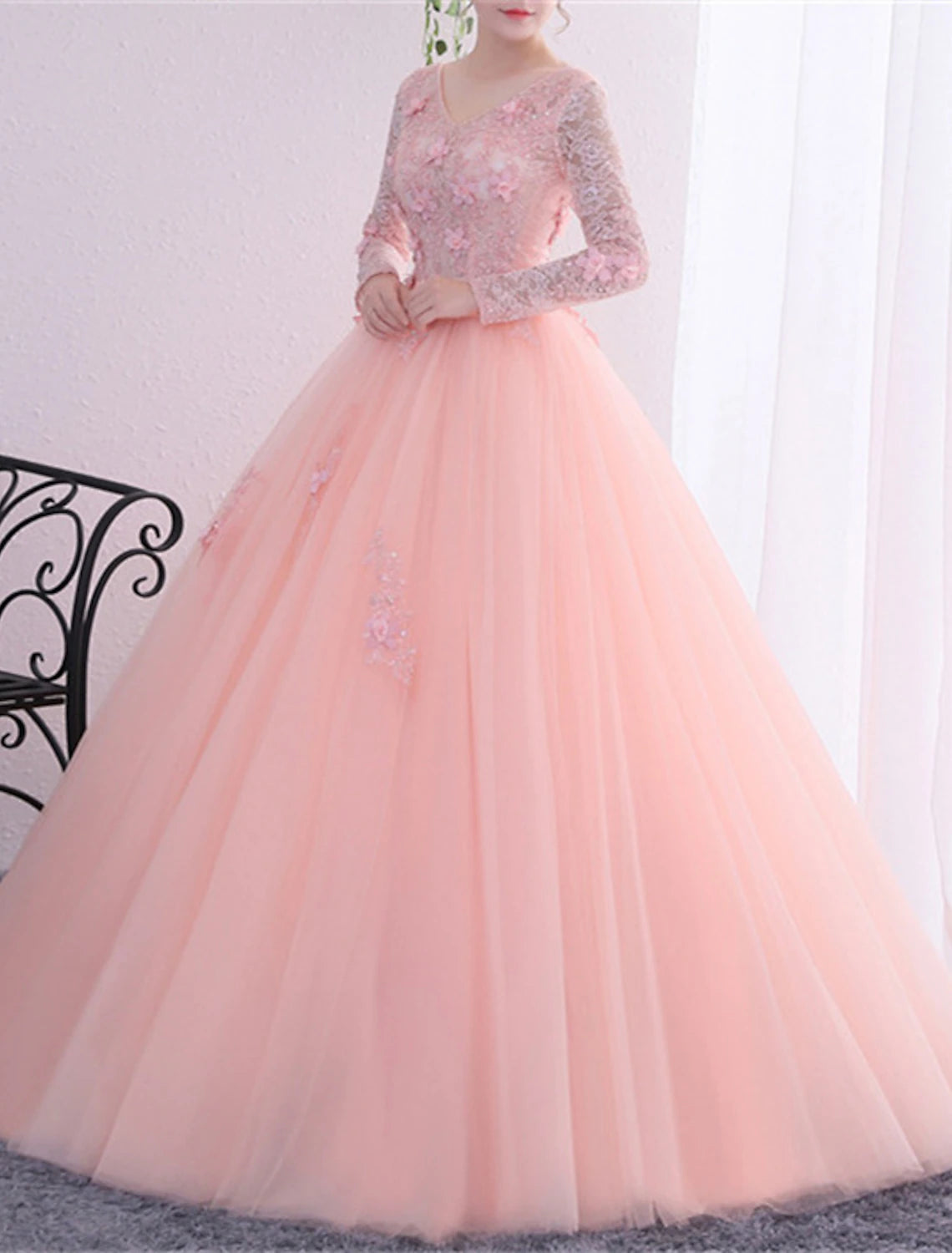 Wholesa Ball Gown Quinceanera Dresses Princess Dress Performance Quinceanera Floor Length Long Sleeve V Neck Polyester with Crystals Appliques