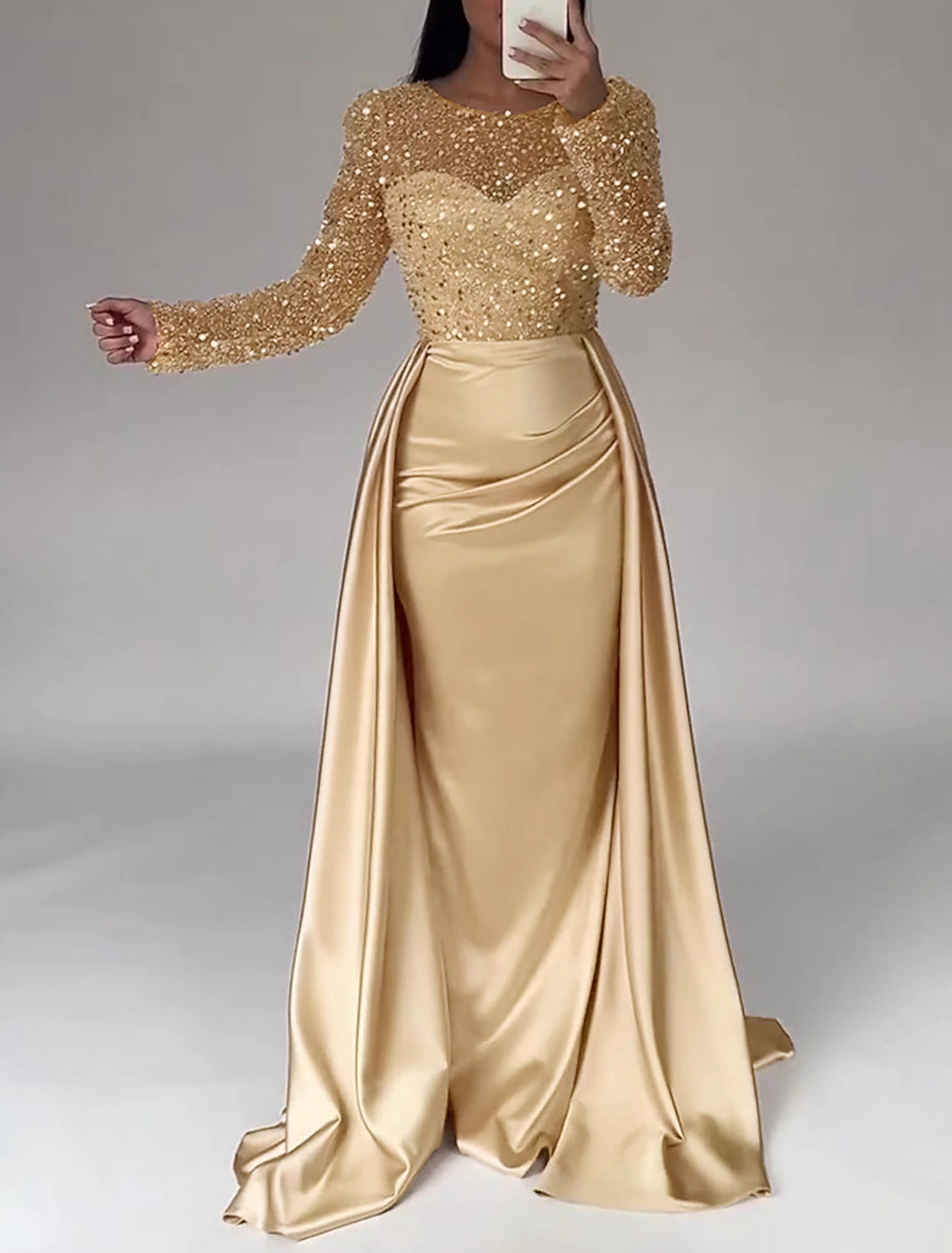 Wholesa Mermaid Sequin Evening Gown Ruched Satin Dress Long Sleeves Floor Length Sparkle Illusion Neck Prom Wedding Guest Dress with Pearls Overskirt