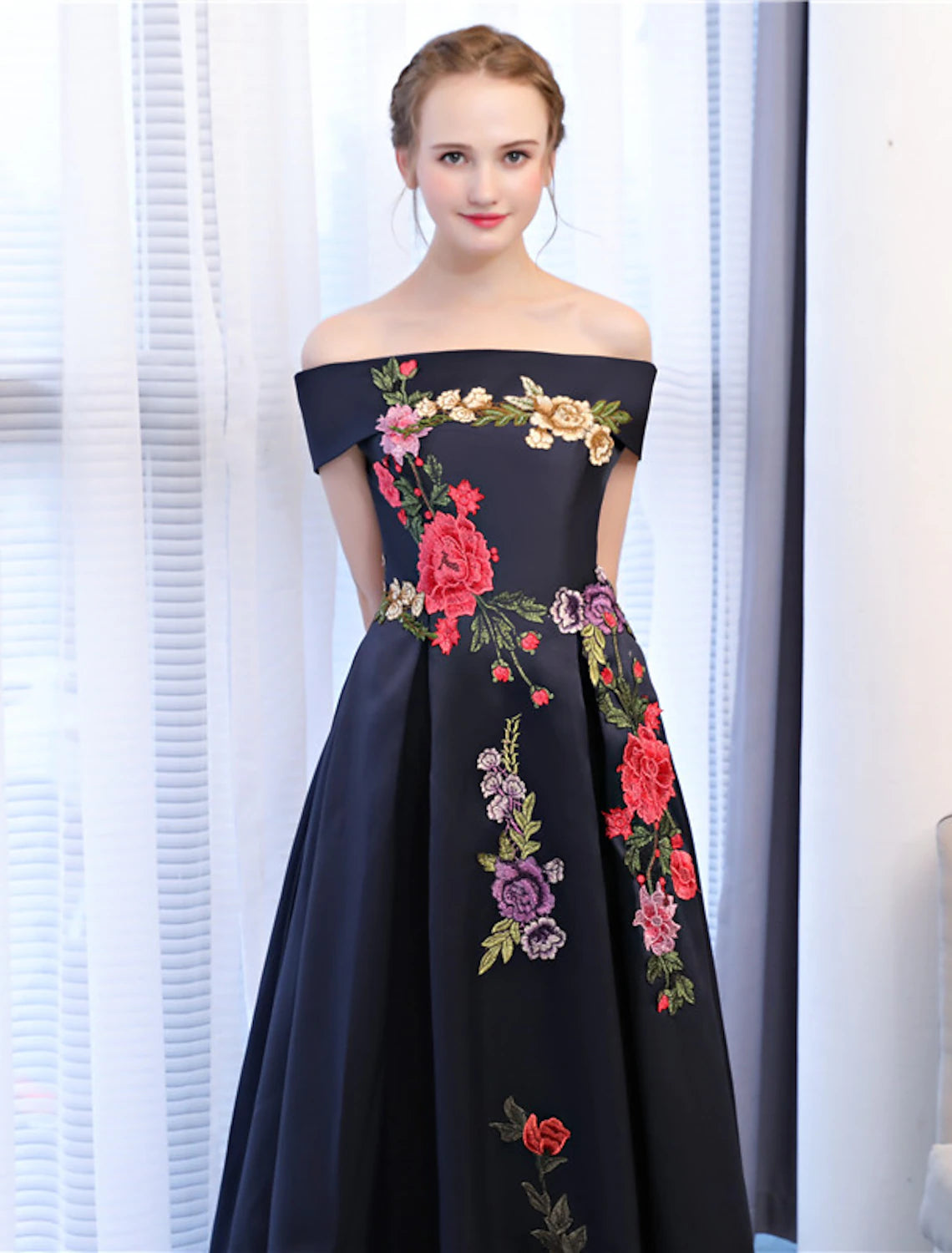 Wholesale A-Line Floral Dress Wedding Guest Floor Length Sleeveless Off Shoulder Satin with Embroidery Appliques