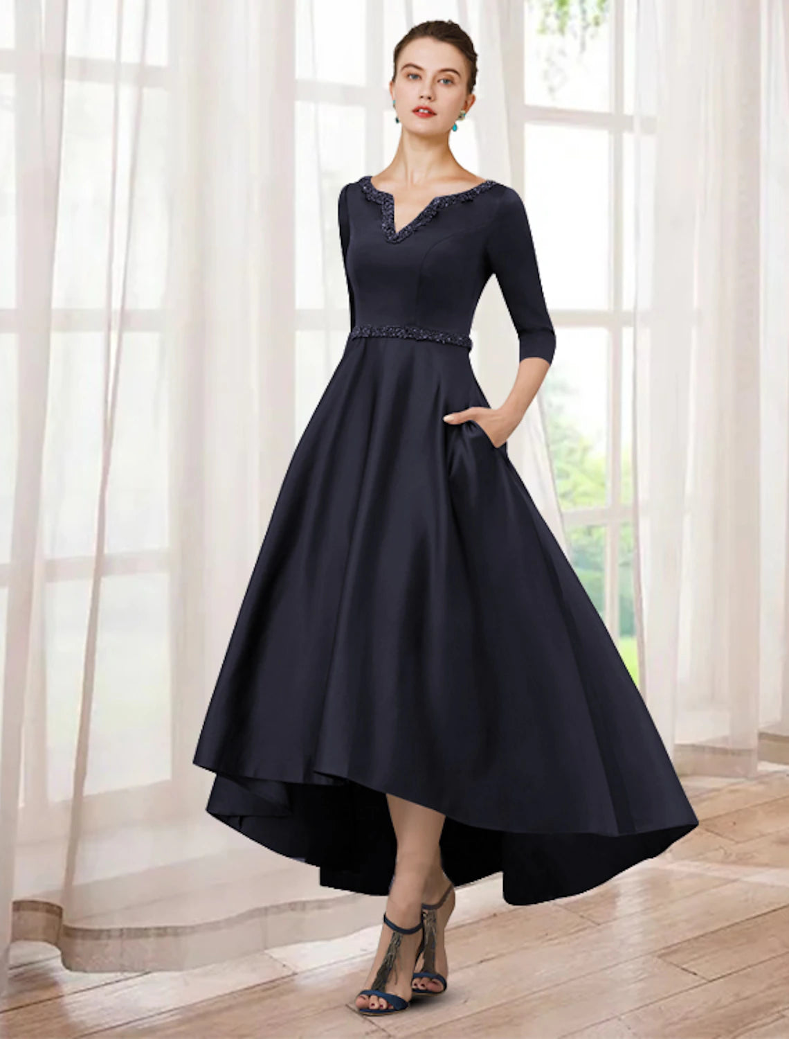 Wholesa A-Line Mother of the Bride Dress Elegant High Low V Neck Asymmetrical Tea Length Satin Half Sleeve with Beading