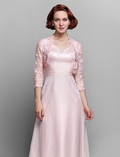 wholesale Sheath / Column Mother of the Bride Dress V Neck Ankle Length Chiffon Lace 3/4 Length Sleeve with Bow(s) Ruched