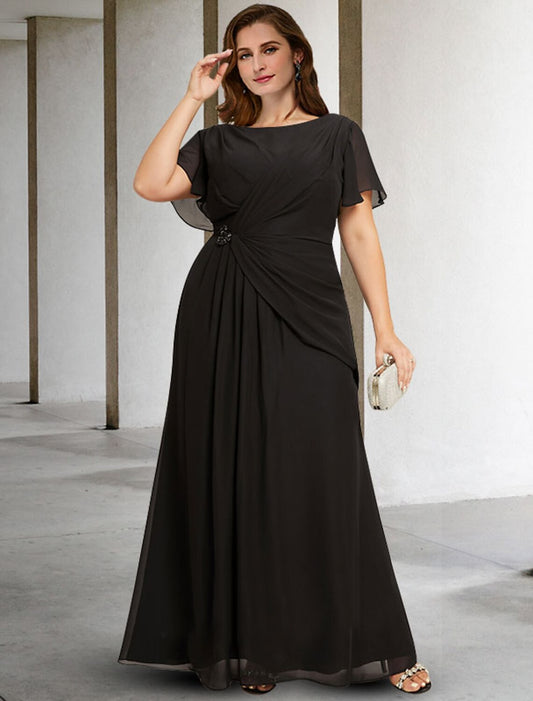 Wholesa  A-Line Mother of the Bride Dresses Plus Size Hide Belly Curve Elegant Dress Formal Floor Length Sleeveless Jewel Neck Chiffon with Ruched Crystals Fall