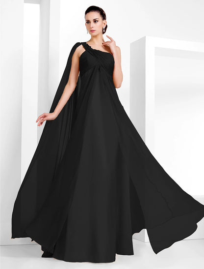 Wholesa  Sheath / Column Elegant Formal Evening Black Tie Gala Dress One Shoulder Sleeveless Floor Length Chiffon with Criss Cross Crystals