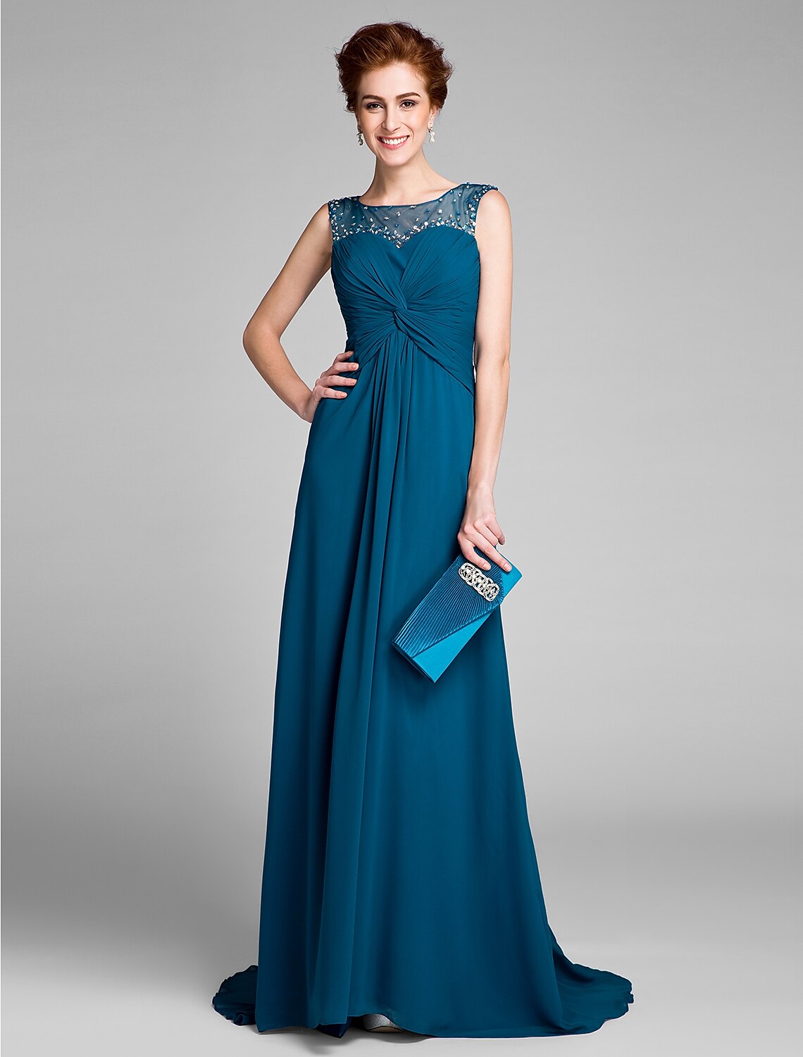 wholesale Sheath / Column Scoop Neck Sweep / Brush Train Chiffon Mother of the Bride Dress with Beading