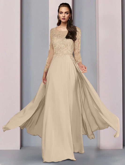 Wholesa  A-Line Mother of the Bride Dress Wedding Guest Party Elegant Scoop Neck Floor Length Chiffon Half Sleeve with Lace Ruching