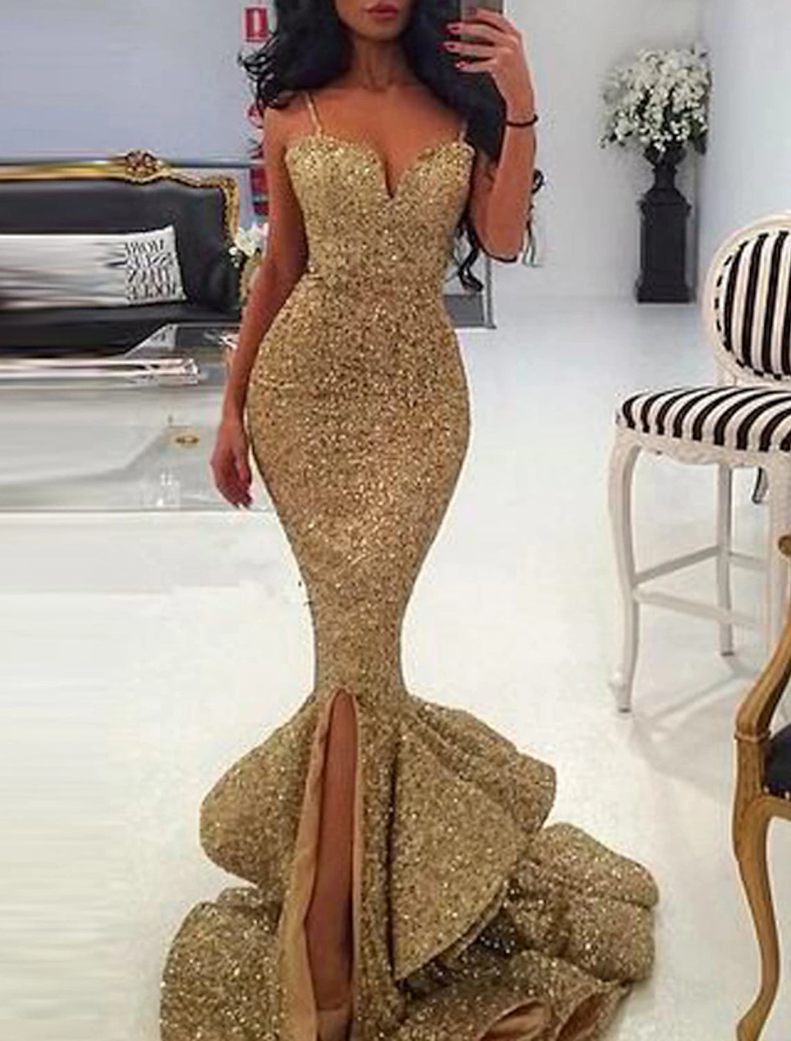 Wholesa Mermaid / Trumpet Evening Gown Sexy Dress Wedding Guest Formal Evening Court Train Sleeveless Sweetheart Sequined with Ruffles Slit