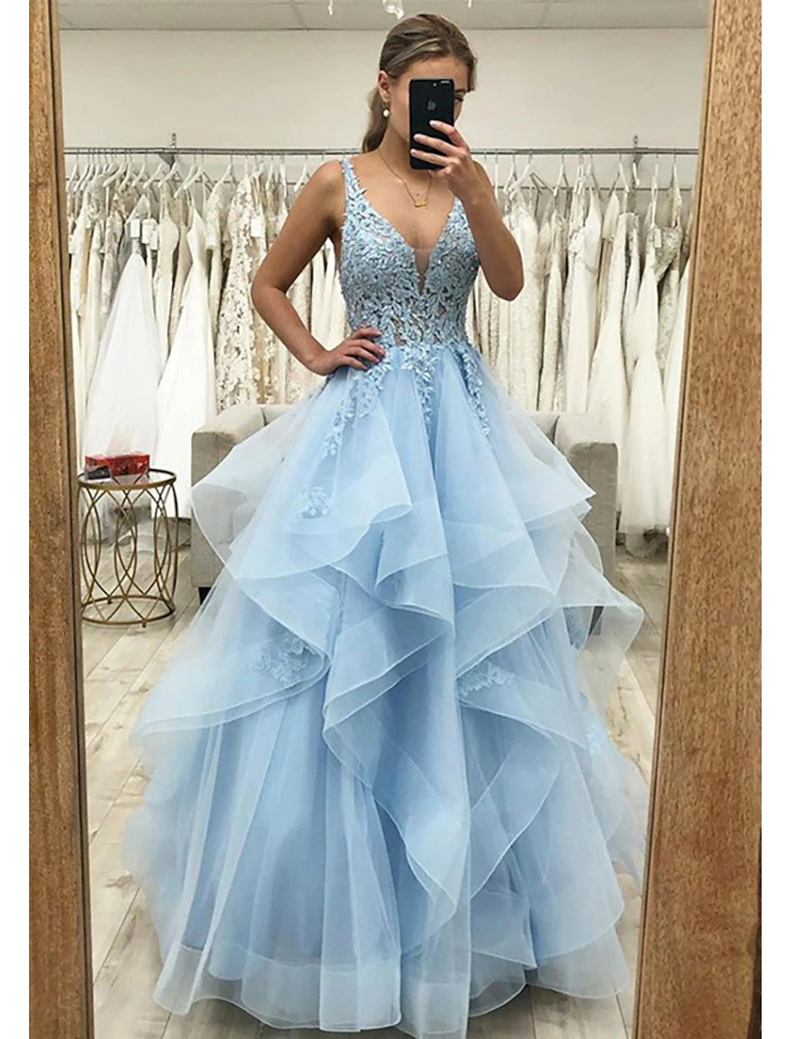 Wholesa Ball Gown A-Line Prom Dresses Princess Dress Formal Wedding Guest Floor Length Sleeveless V Neck Tulle Backless with Pleats Ruched Appliques