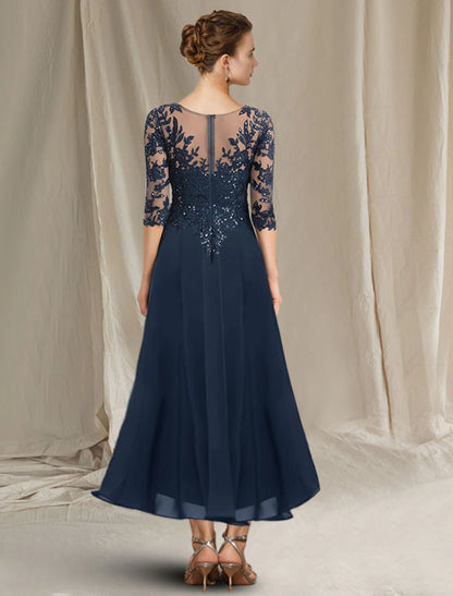 Wholesa  A-Line Mother of the Bride Dress Elegant Sparkle & Shine High Low V Neck Asymmetrical Tea Length Chiffon Lace Half Sleeve with Sequin Ruffles Appliques