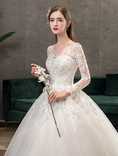 Wholesale Engagement Formal Fall Wedding Dresses Ball Gown Illusion Neck Long Sleeve Cathedral Train Lace Bridal Gowns With Pleats Appliques 2023 Summer Wedding Party