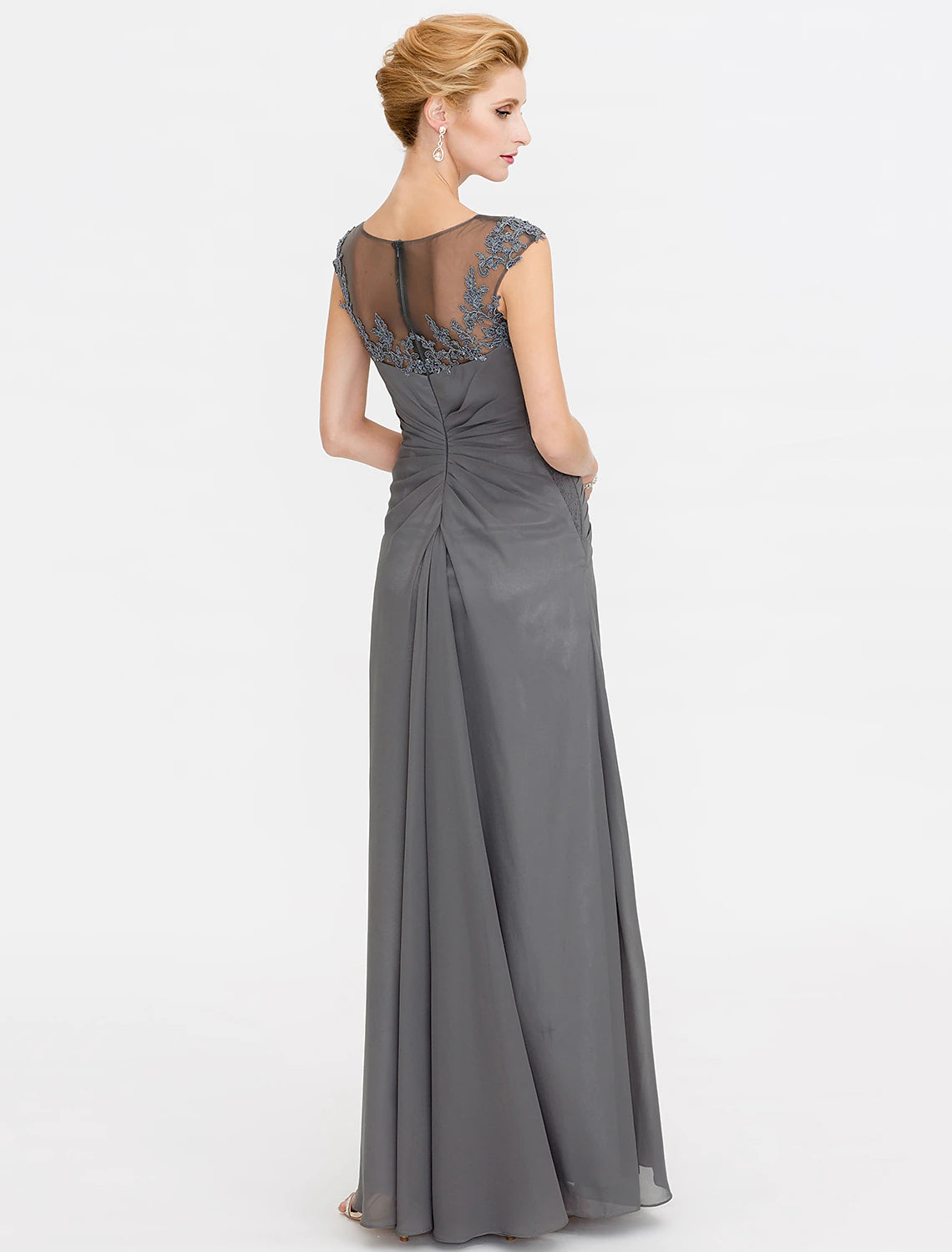 Wholesa A-Line Mother of the Bride Dress Wedding Guest Elegant See Through Bateau Neck Floor Length Chiffon Lace Sleeveless with Side Draping Fall