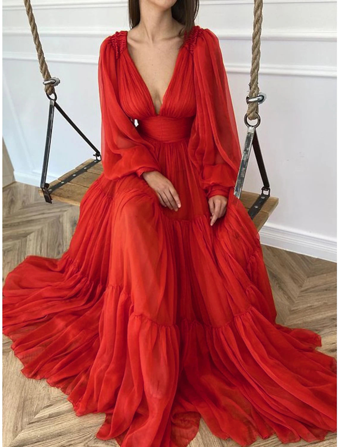 Wholesa A-Line Evening Gown Elegant Dress Red Green Dress Formal Wedding Guest Floor Length Long Sleeve V Neck Chiffon with Ruched