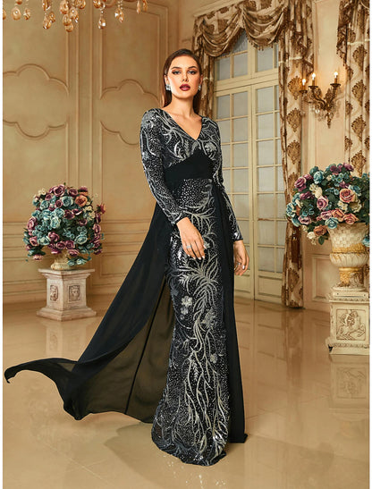 Wholesa Sheath / Column Evening Gown Elegant Dress Formal Sweep / Brush Train Long Sleeve V Neck Sequined with Glitter Pleats