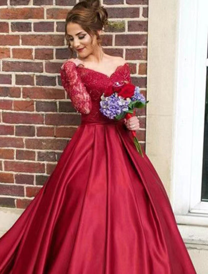 Wholesale A-Line Evening Gown Floral Dress Sweet 16 Chapel Train Long Sleeve V Neck Satin with Appliques