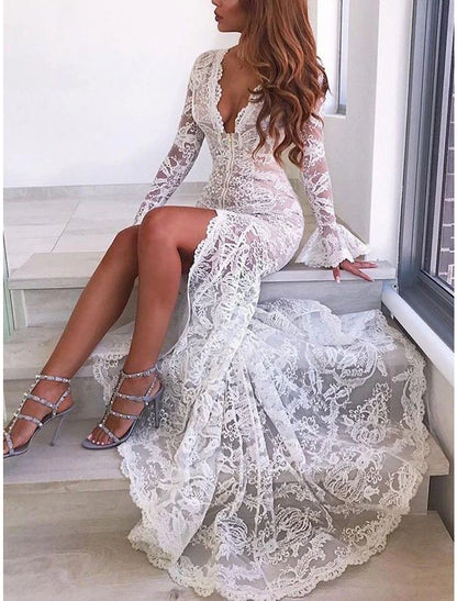 Wholesa Beach Boho Wedding Dresses Mermaid / Trumpet V Neck Long Sleeve Sweep / Brush Train Lace Bridal Gowns With Appliques Split Front