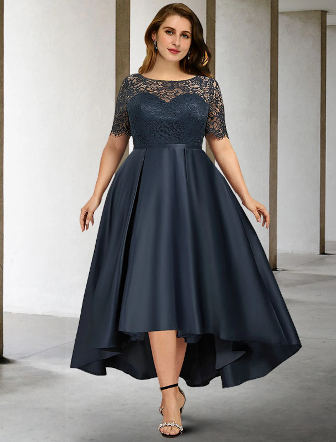 Wholesa A-Line Mother of the Bride Dresses Plus Size Hide Belly Curve Elegant Dress Formal Asymmetrical Short Sleeve Jewel Neck Satin with Pleats