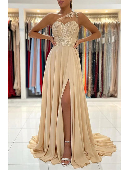 Wholesa A-Line Prom Dresses Sexy Dress Formal Wedding Guest Court Train Sleeveless One Shoulder Chiffon with Slit Appliques