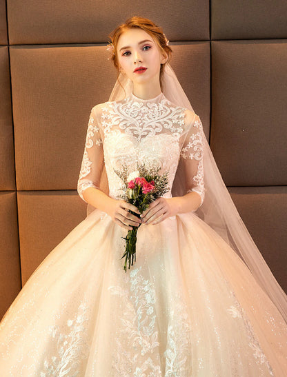 Wholesale Engagement Sparkle & Shine Formal Fall Wedding Dresses Ball Gown High Neck Long Sleeve Cathedral Train Lace Bridal Gowns With Sequin Appliques Summer Wedding Party