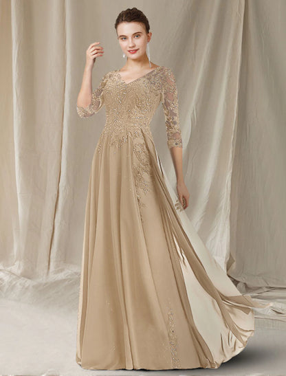 wholesale A-Line Mother of the Bride Dress Elegant V Neck Floor Length Chiffon Lace Sequined Half Sleeve with Sequin Appliques