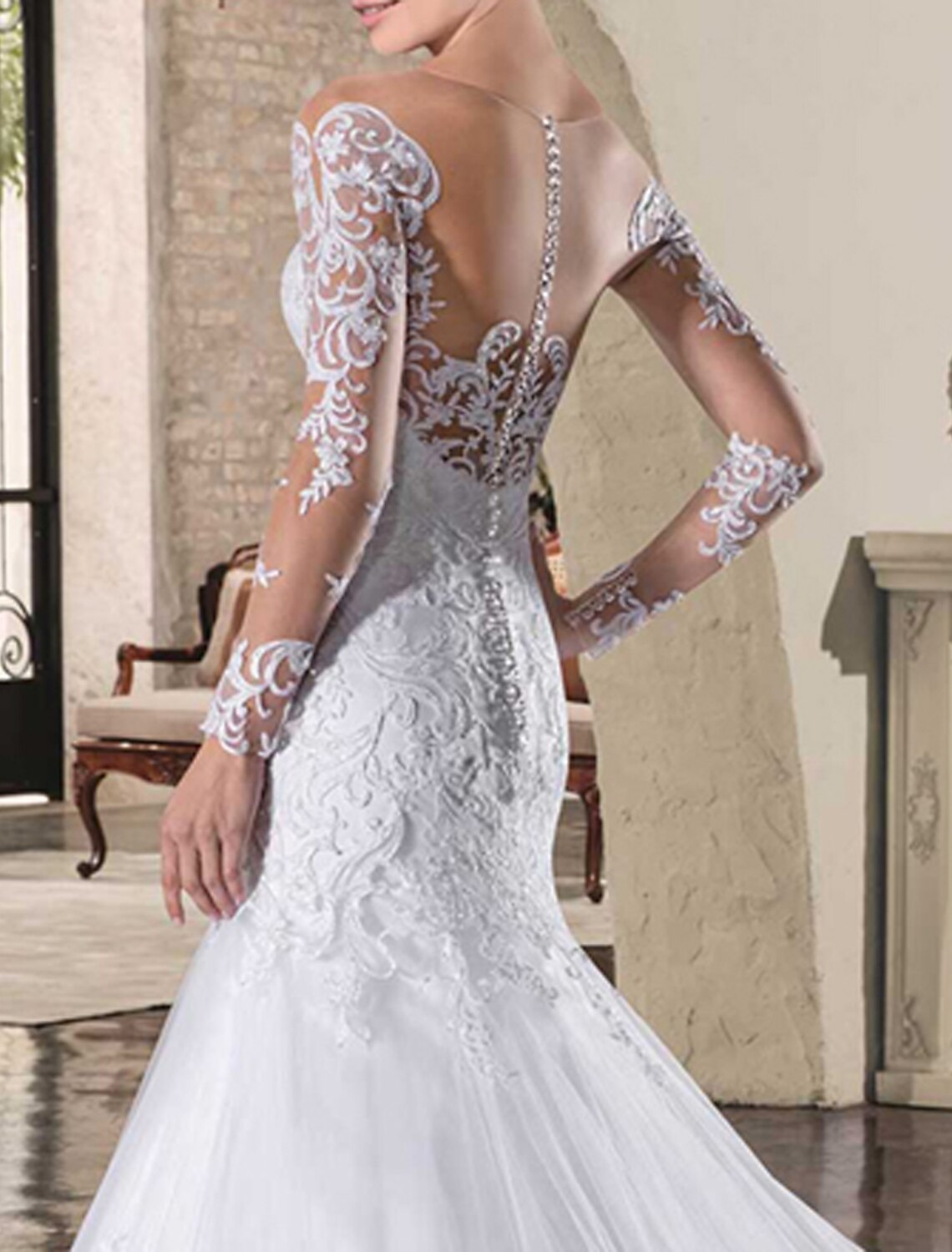 Wholesale Engagement Open Back Formal Fall Wedding Dresses Mermaid / Trumpet Illusion Neck Long Sleeve Court Train Lace Bridal Gowns With Appliques 2023 Summer Wedding Party