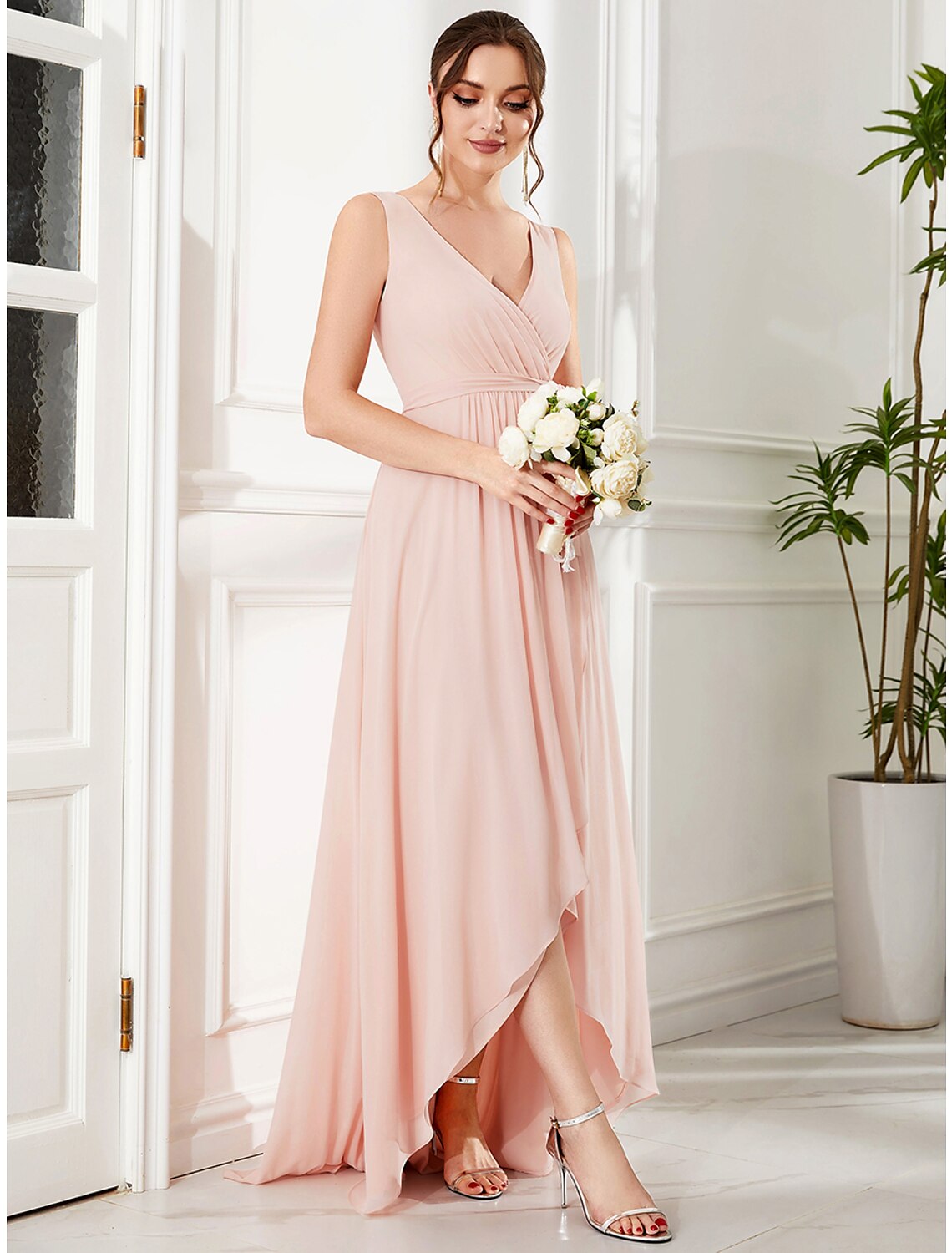 Wholesale A-Line Wedding Guest Dresses Elegant Dress Party Wear Asymmetrical Sleeveless Spaghetti Strap Chiffon with Ruffles Slit