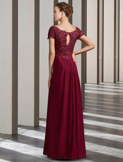 wholesale   Sheath / Column Mother of the Bride Dress Elegant V Neck Floor Length Chiffon Lace Short Sleeve with Appliques