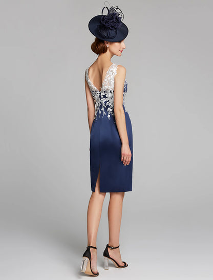 Wholesa  Sheath / Column Mother of the Bride Dress Wrap Included Jewel Neck Knee Length Satin Lace Sleeveless with Appliques